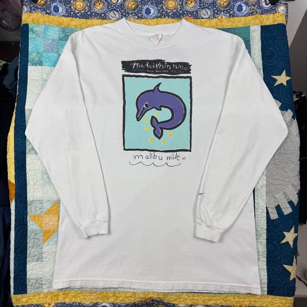 Vintage Excel White Long Sleeve T-Shirt Retro Art Dolphin Surfer Beach Marathon